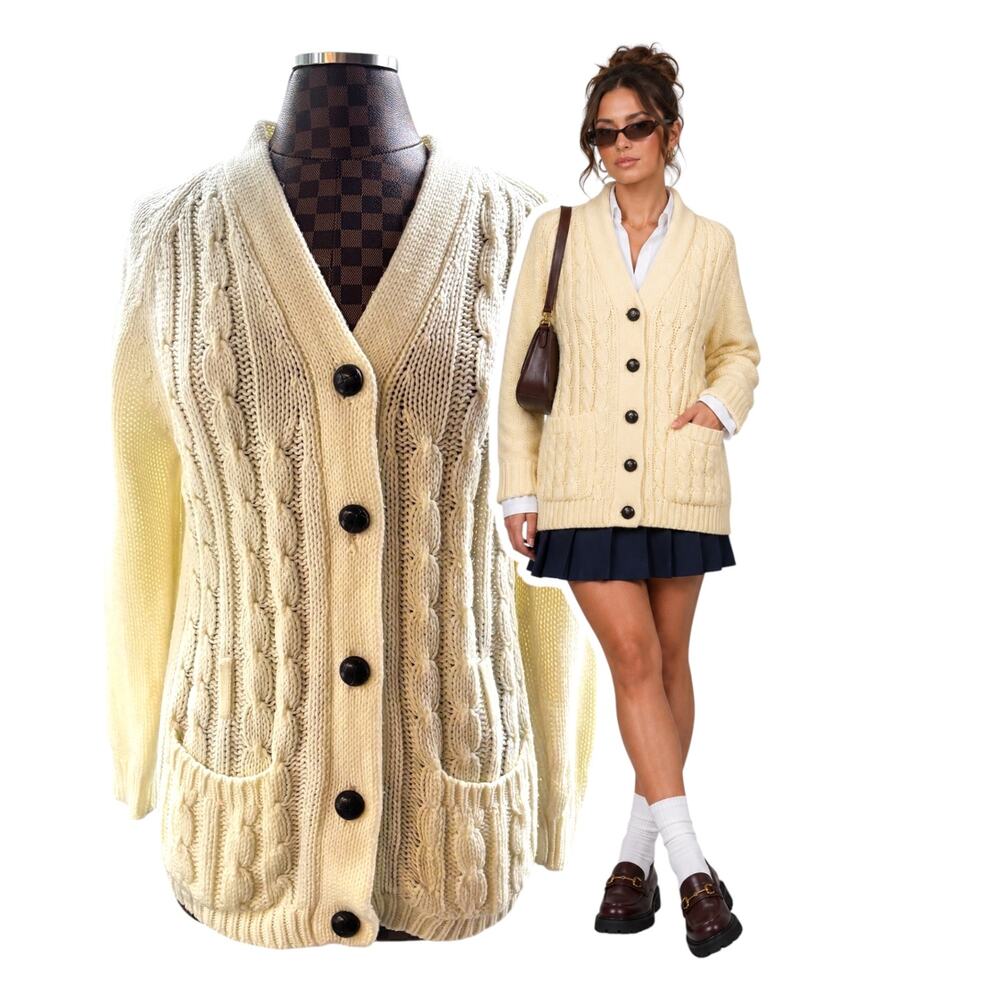 Vtg Cream Cable Knit Fisherman Wool Blend Cardigan Sweater L/XL Preppy Academia